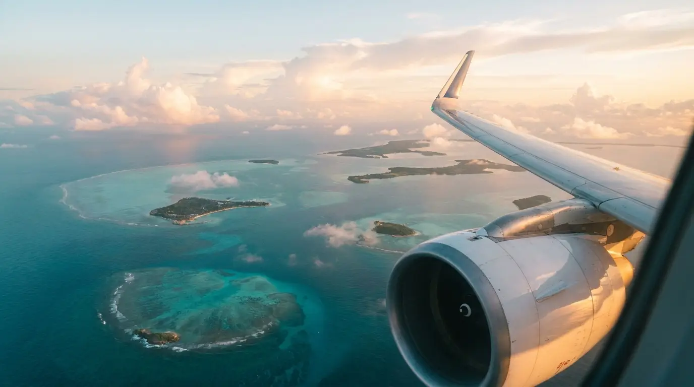 Vista aérea de islas tropicales desde la ventanilla de un avión